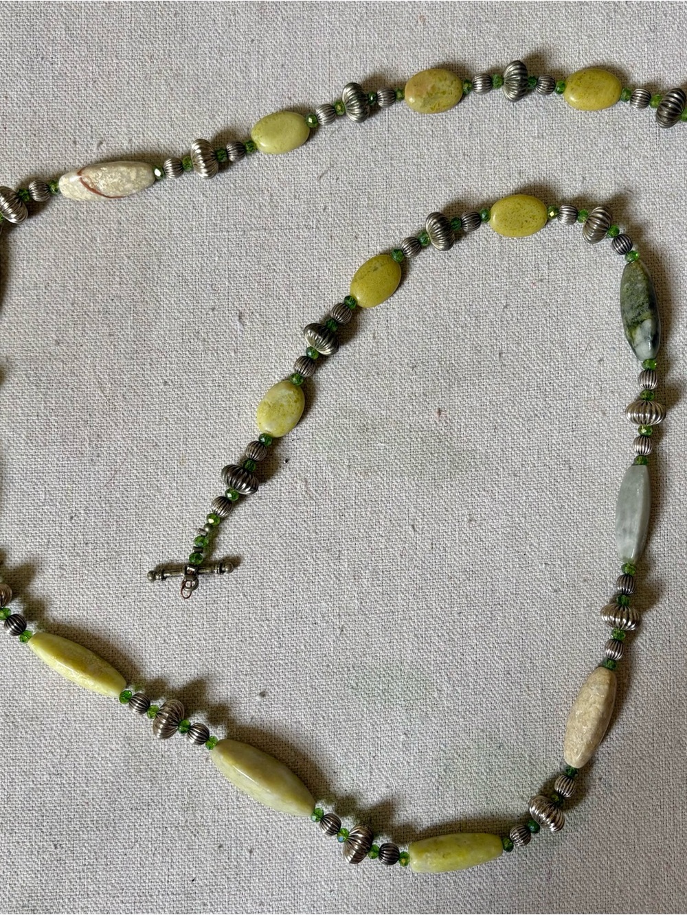 Yellow-Green Beaded Necklace with Silver Accents